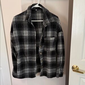 Womens Black & White Plaid Button-Up Jacket